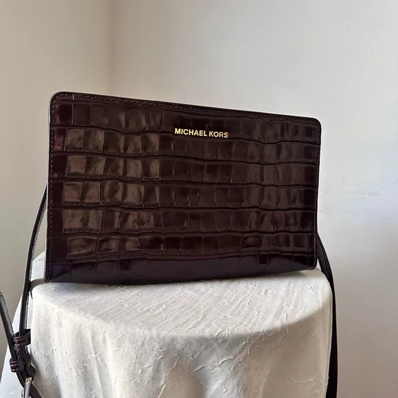 Michael Kors Crocodile Embossed Leather Crossbody or Clutch, Burgundy - Picture 3 of 8